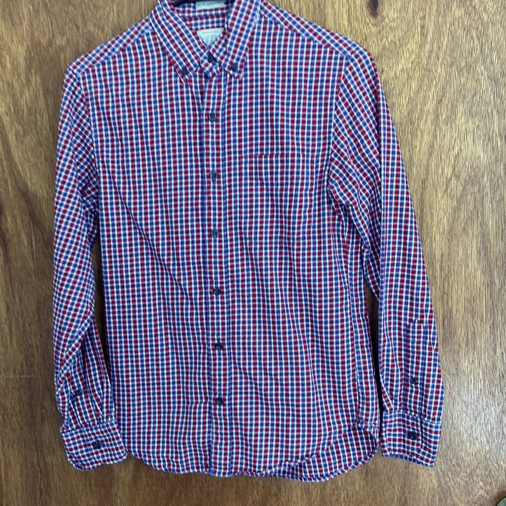 J Crew Brushed Twill red/bluewhite slim untucked button up shirt size xs